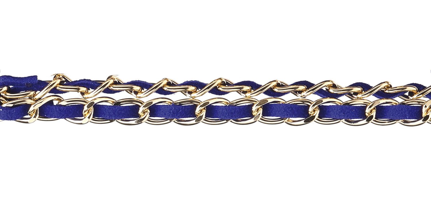 Gros plan d'un cordon de lunettes. Ruban bleu, chaîne dorée. Détail de la connexion.