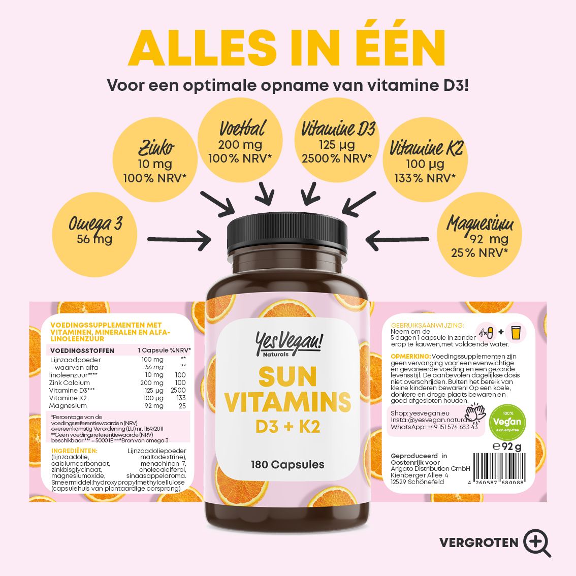 Infographic met voedingswaarde. Fles met SUN VITAMINS D3 + K2. Informatie over zink, calcium, vitamine D3, K2, omega 3, magnesium. 180 capsules.