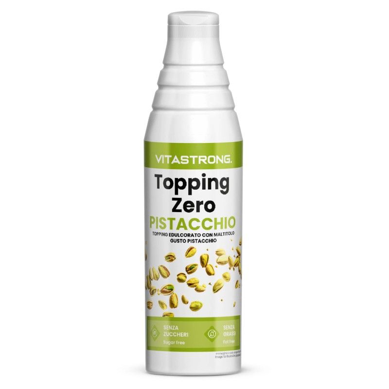 Witte fles met groen etiket. Opschrift: Vitastrong Topping Zero Pistacchio. Illustratie van pistachenoten.