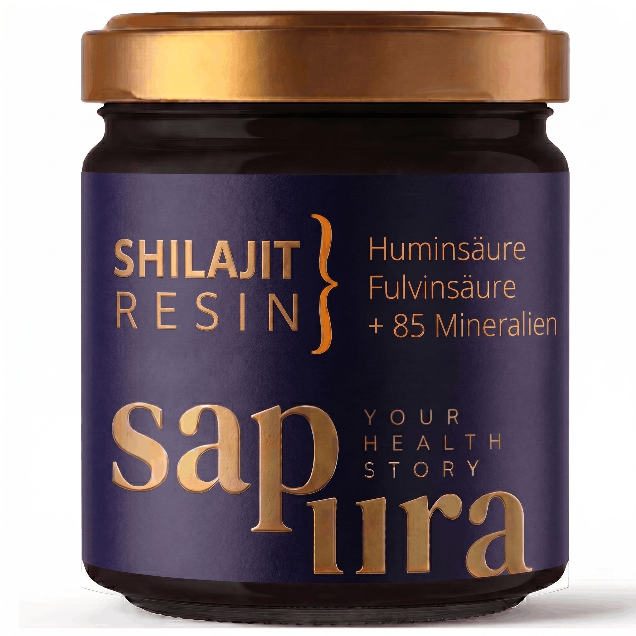 Bocal violet foncé avec couvercle doré, rempli de résine de Shilajit. Écriture dorée sur l'étiquette.