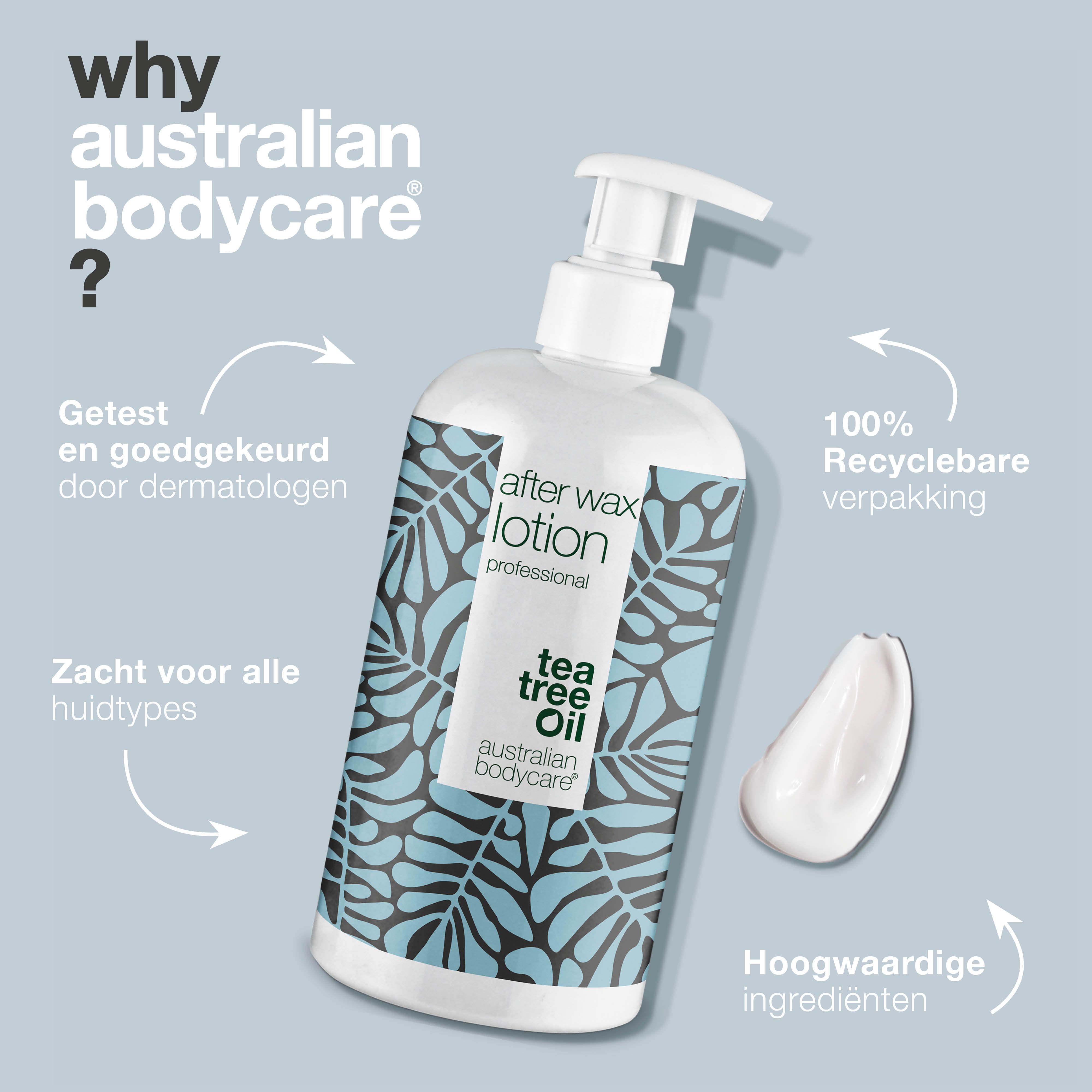 Fles en crème. Tekst: Getest, 100% recyclebare verpakking, hoogwaardige ingrediënten.