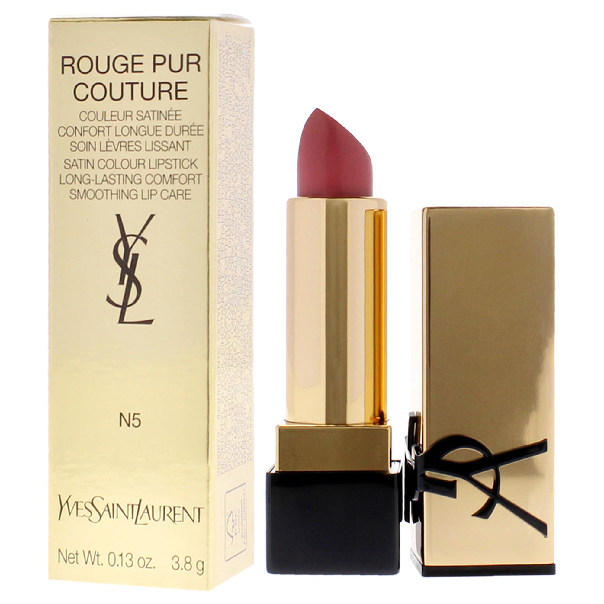 Lippenstift met gouden huls en zwarte basis. Op de verpakking staat "Rouge Pur Couture" en "Yves Saint Laurent".