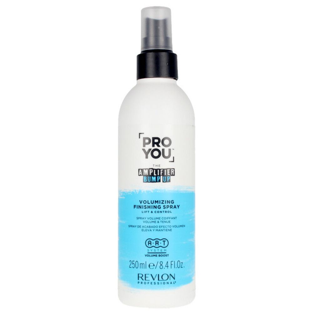 Witte fles met zwarte spraykop. Blauwe tekst: Pro You, Amplifier Bump Up, Volumizing Finishing Spray. Revlon Professional.
