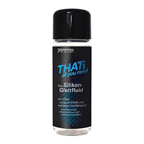 Flacon transparent avec bouchon noir. Inscription: THAT's all you need. Texte: Das Silikon-Gleitfluid.