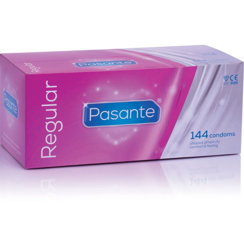 Verpakking van 144 Pasante Regular condooms, vooraanzicht met hartmotief.