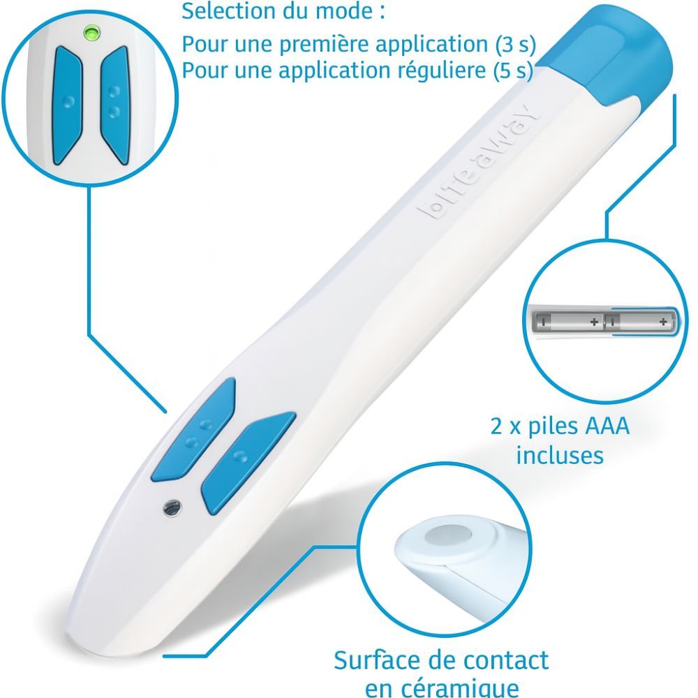 Appareil avec boutons et embout bleus. Gros plans des détails. 2 piles. Surface de contact céramique.