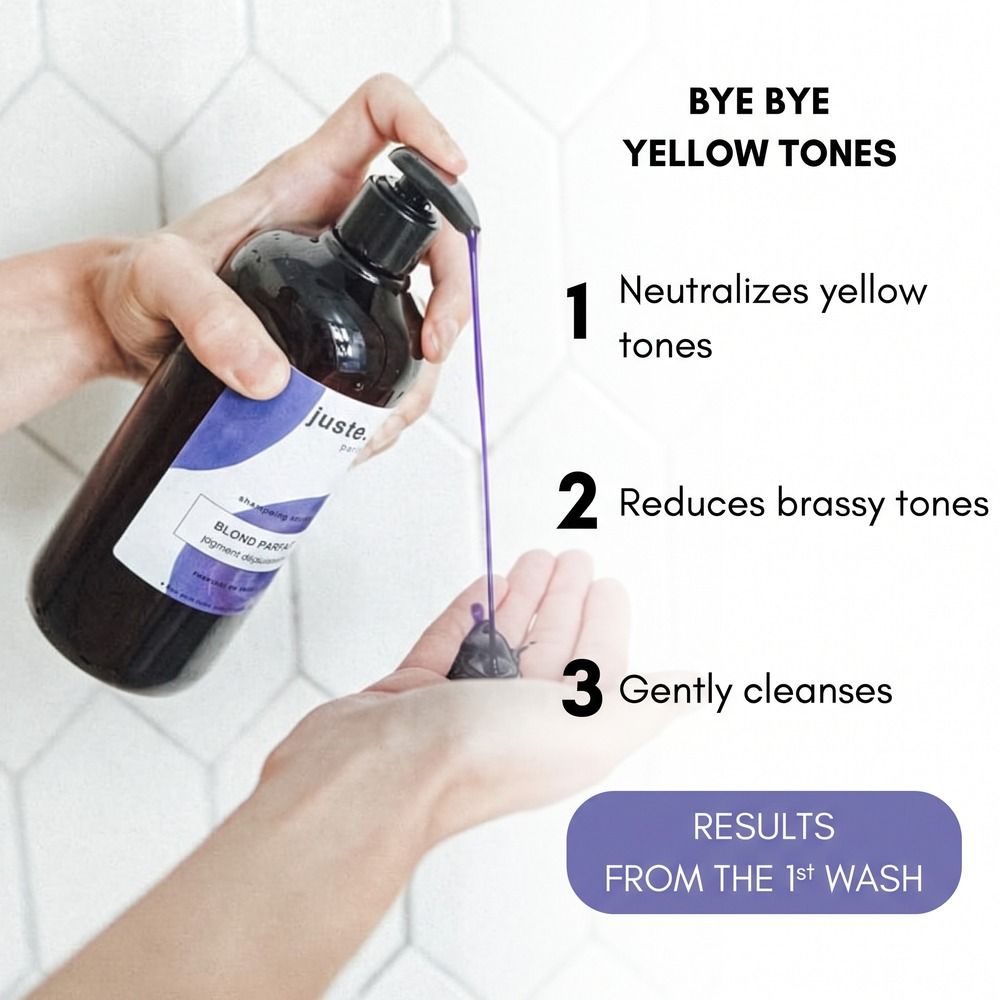 Application de shampooing pour cheveux blonds : neutralise les tons jaunes et cuivrés.