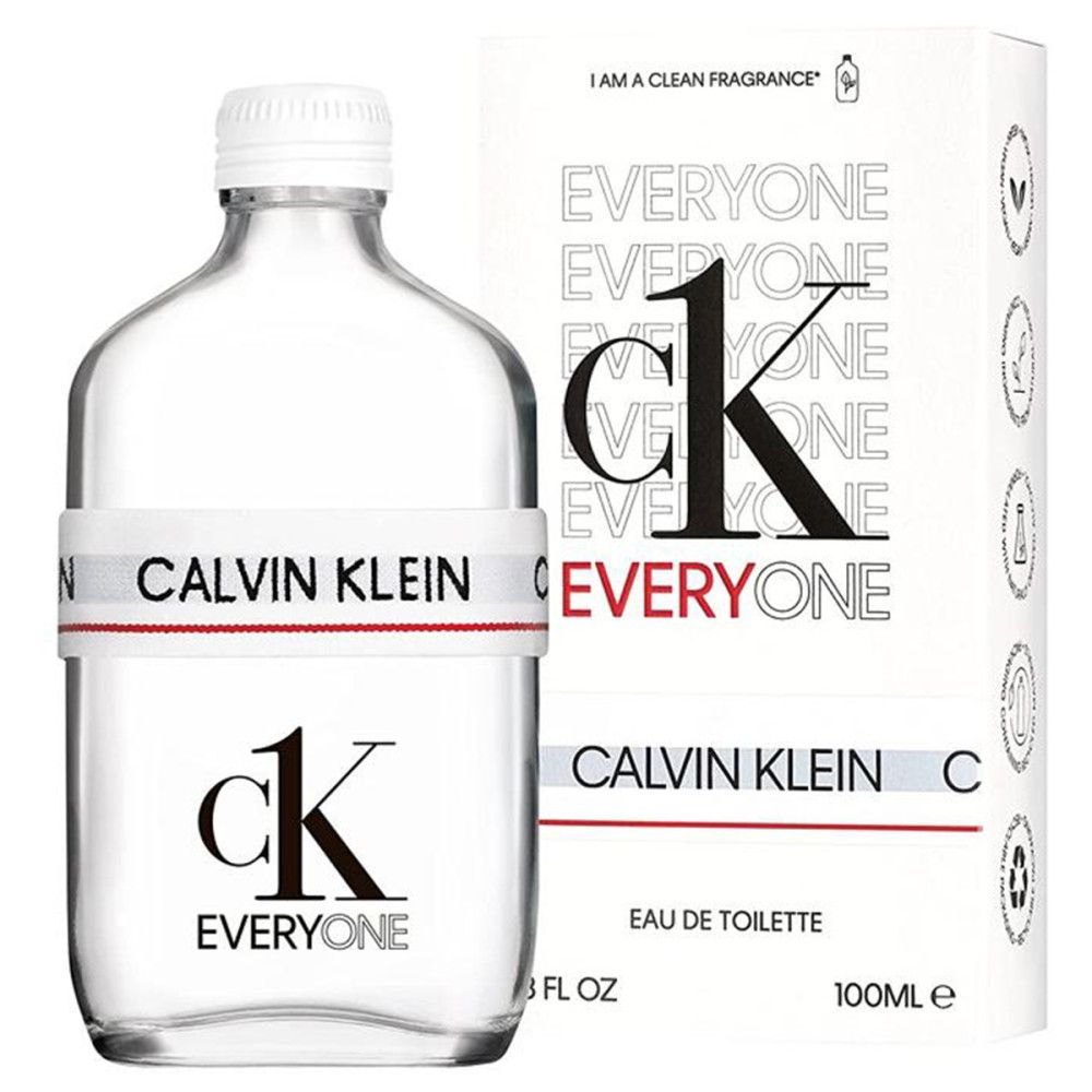Transparante fles met witte dop en wit etiket met rode streep. Op het etiket staat "CALVIN KLEIN".