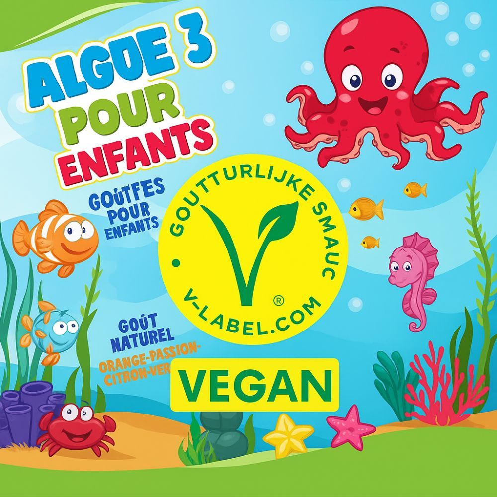 Illustration avec motifs marins et une pieuvre. Texte : Huile d'algues pour enfants. Label végan. V-Label.