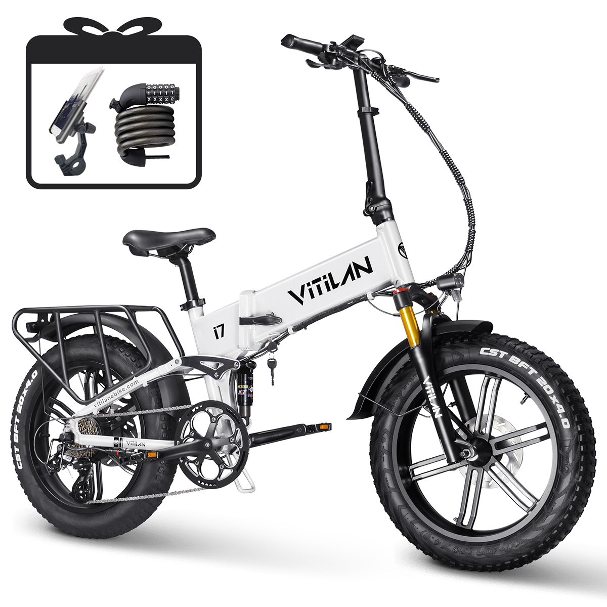 Vélo électrique pliable VITILAN i7 Pro 3.0, blanc. Accessoires : cadenas, support. Porte-bagages. Pneus noirs. Logo VITILAN.