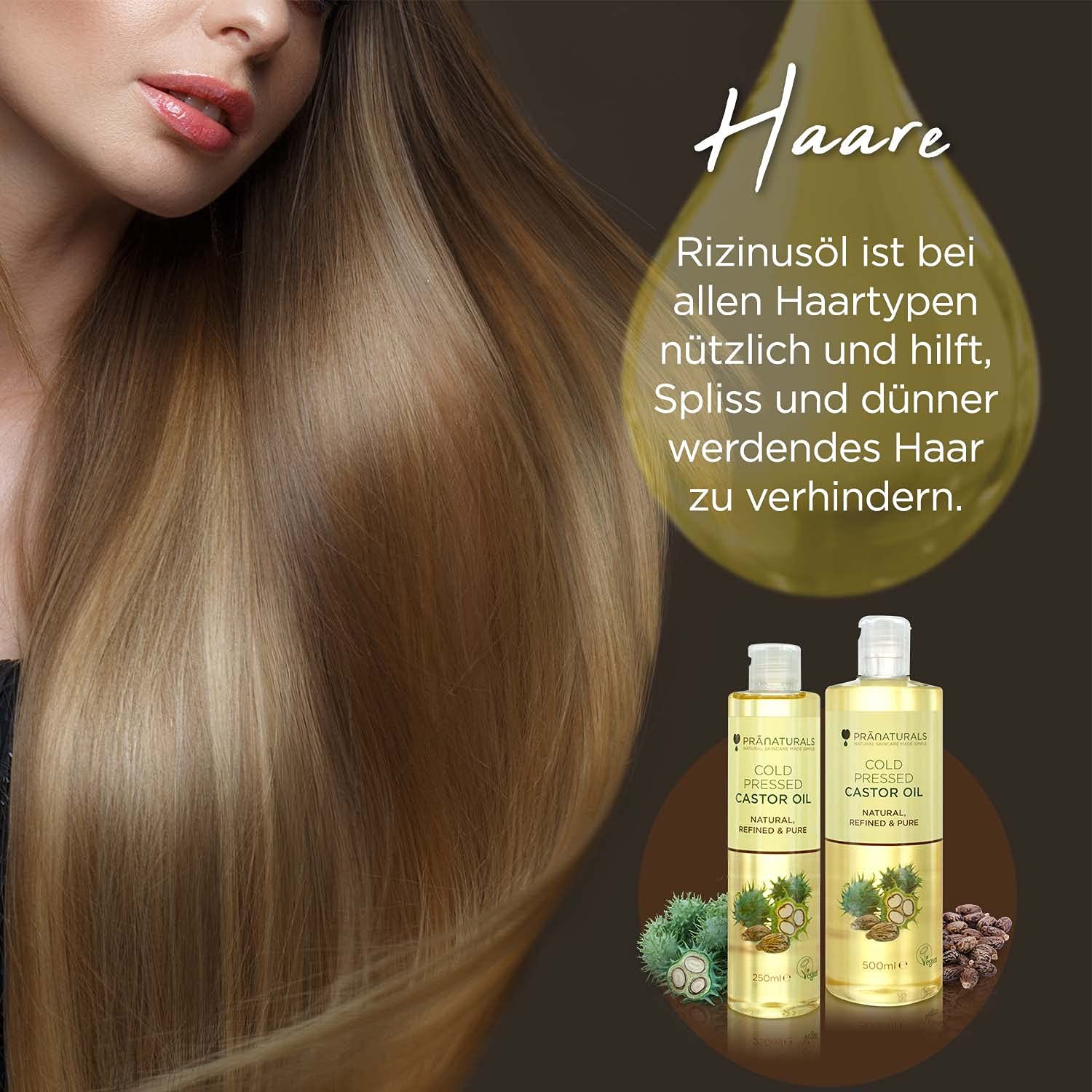 Vrouw met lang haar. Twee PraNaturals ricinusolieflesjes. Tekst: ricinusolie voor alle haartypes, tegen gespleten punten.