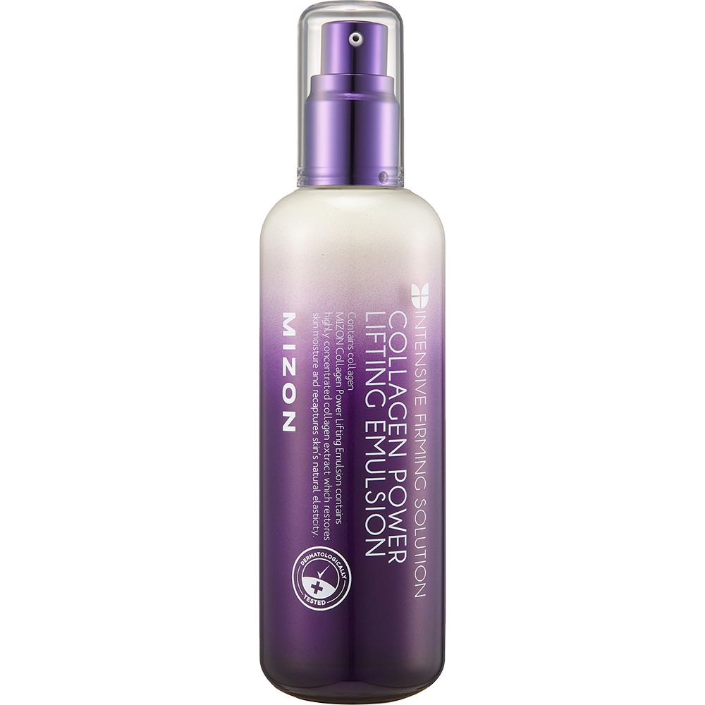 Flacon MIZON Collagen Power Lifting Emulsion. Texte : Collagen Power Lifting Emulsion. Vue détaillée.