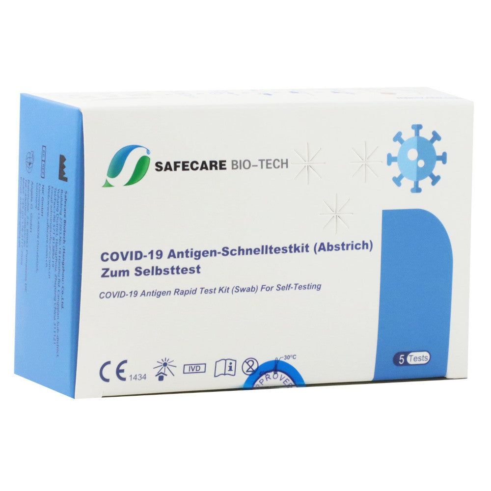 Verpakking van Safecare Bio-Tech COVID-19 antigeen sneltestkit. Bevat 5 tests. CE-markering.
