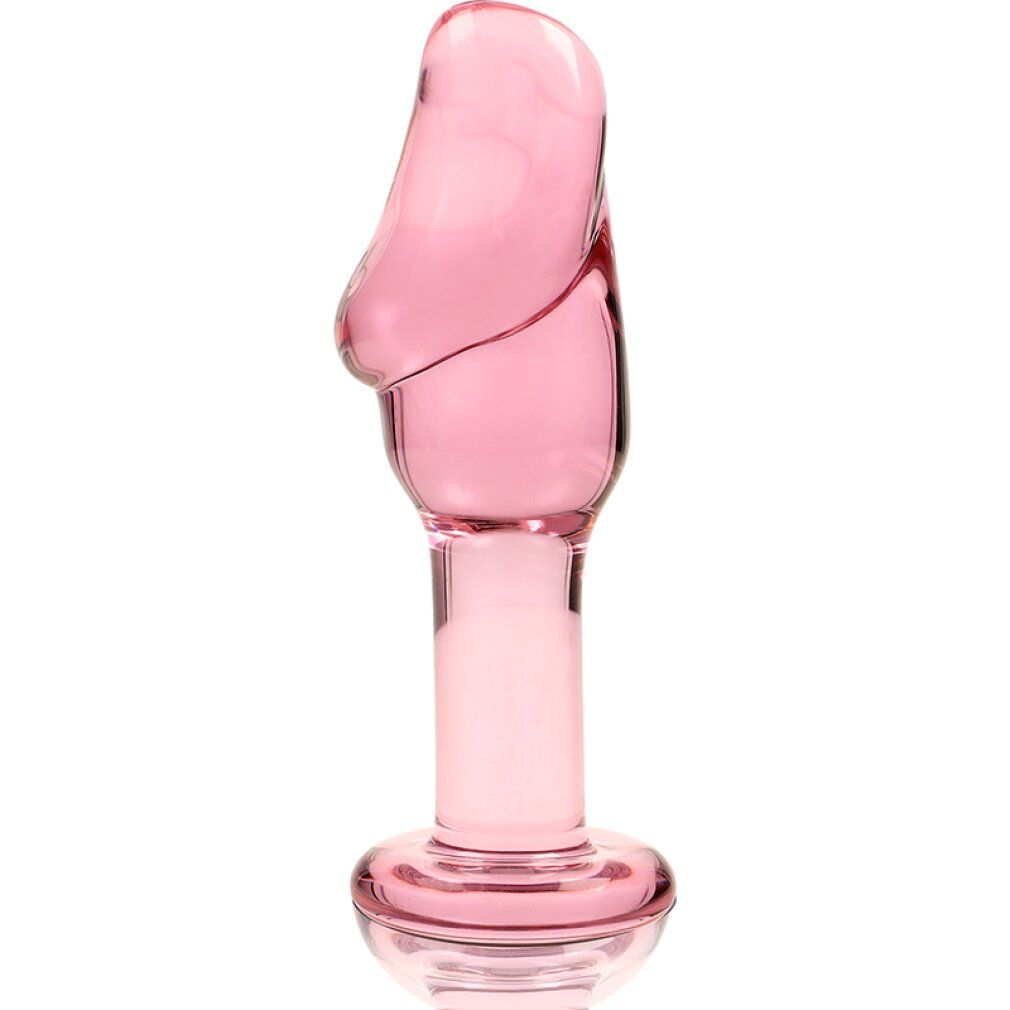 Plug anal en verre rose, 12,5 x 4 cm, avec une base plate.