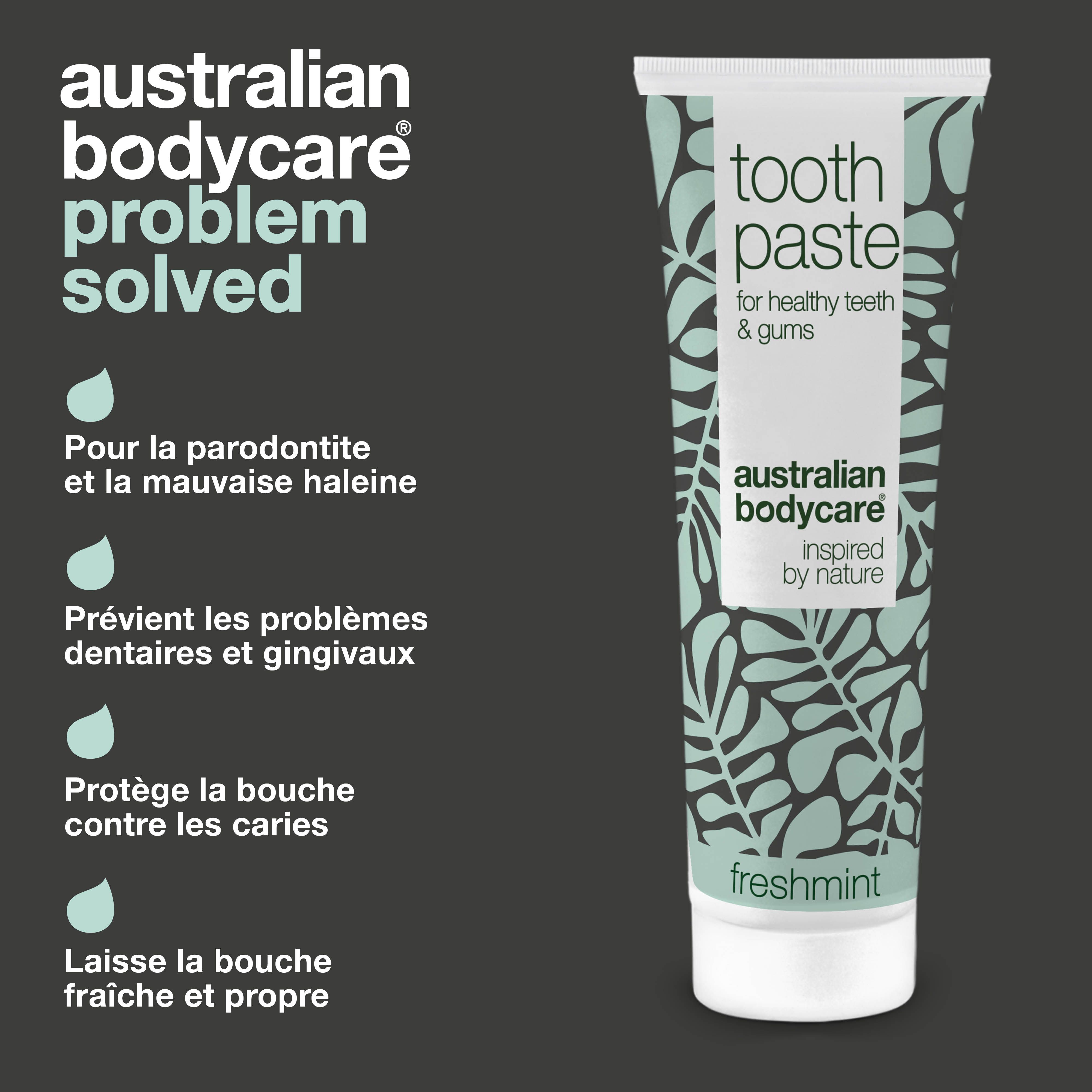 Comparaison : problème et solution. Tube de dentifrice avec motif floral. Texte : Toothpaste, Australian Bodycare, Freshmint. Pâte bleue.