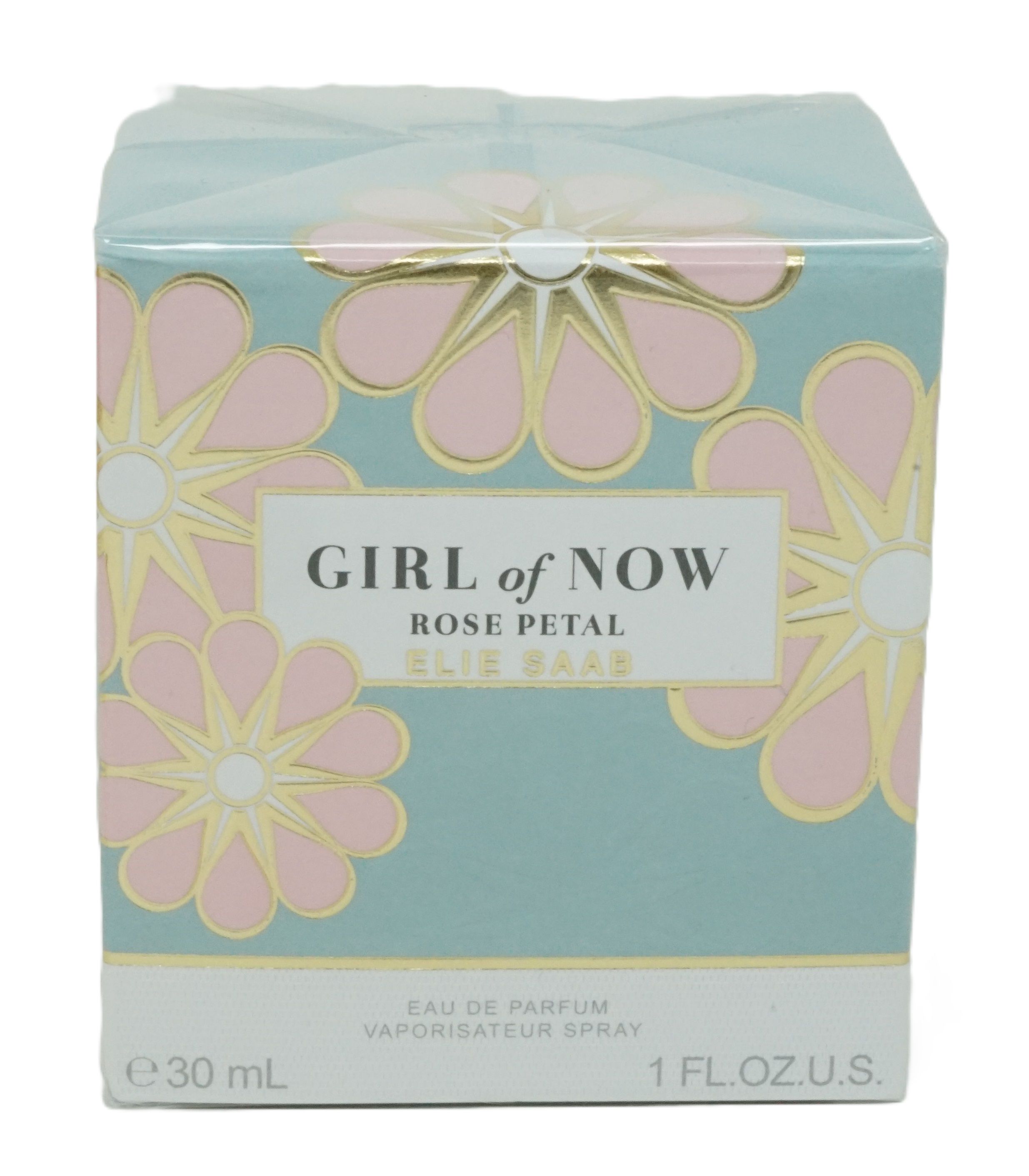 Boîte cadeau Elie Saab Girl of Now Rose Petal Eau de Parfum 30ml, fond turquoise, motifs floraux.