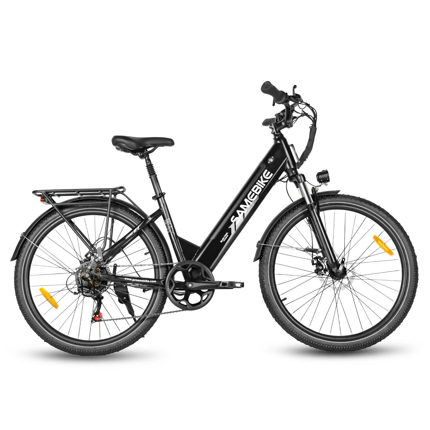 Zwarte SAMEBIKE RS-A01 Pro-T e-bike. Bagagedrager, spatborden, koplamp en achterlicht.