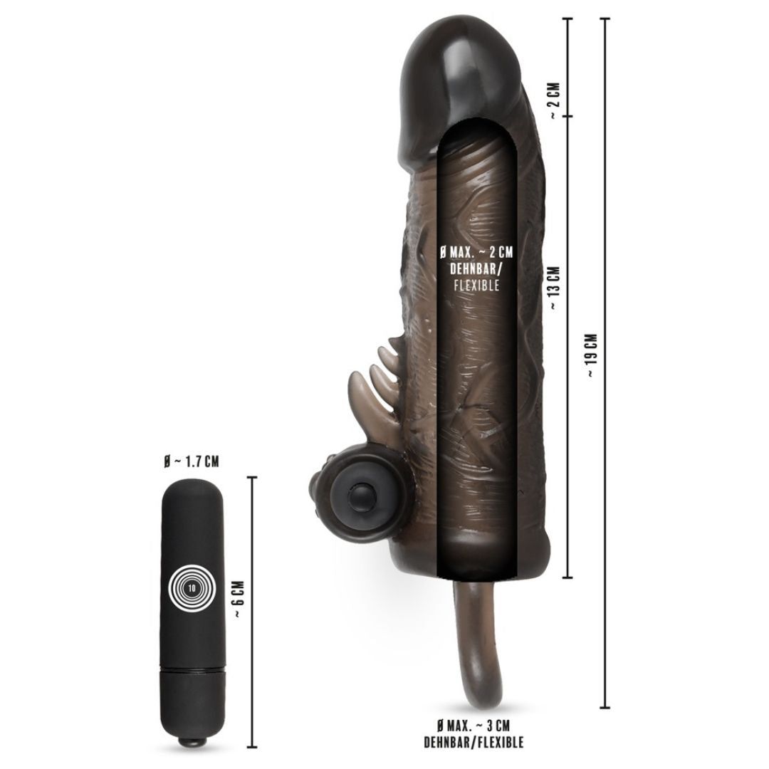 Gaine pénienne avec dimensions. Vibrateur à côté. Indications de taille en cm.