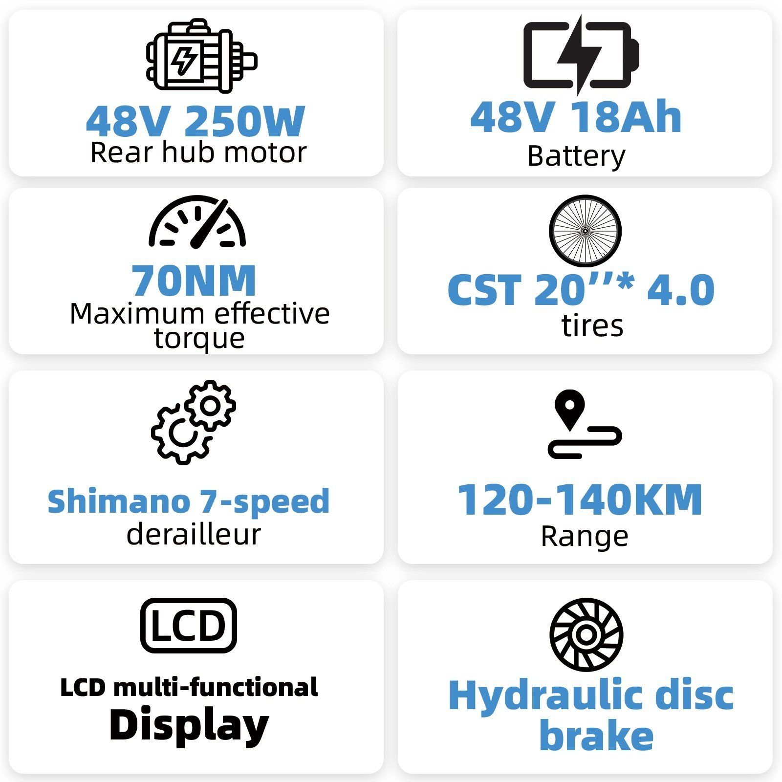 Infographie avec données techniques : moteur, batterie, couple, pneus, dérailleur, autonomie, écran, frein.