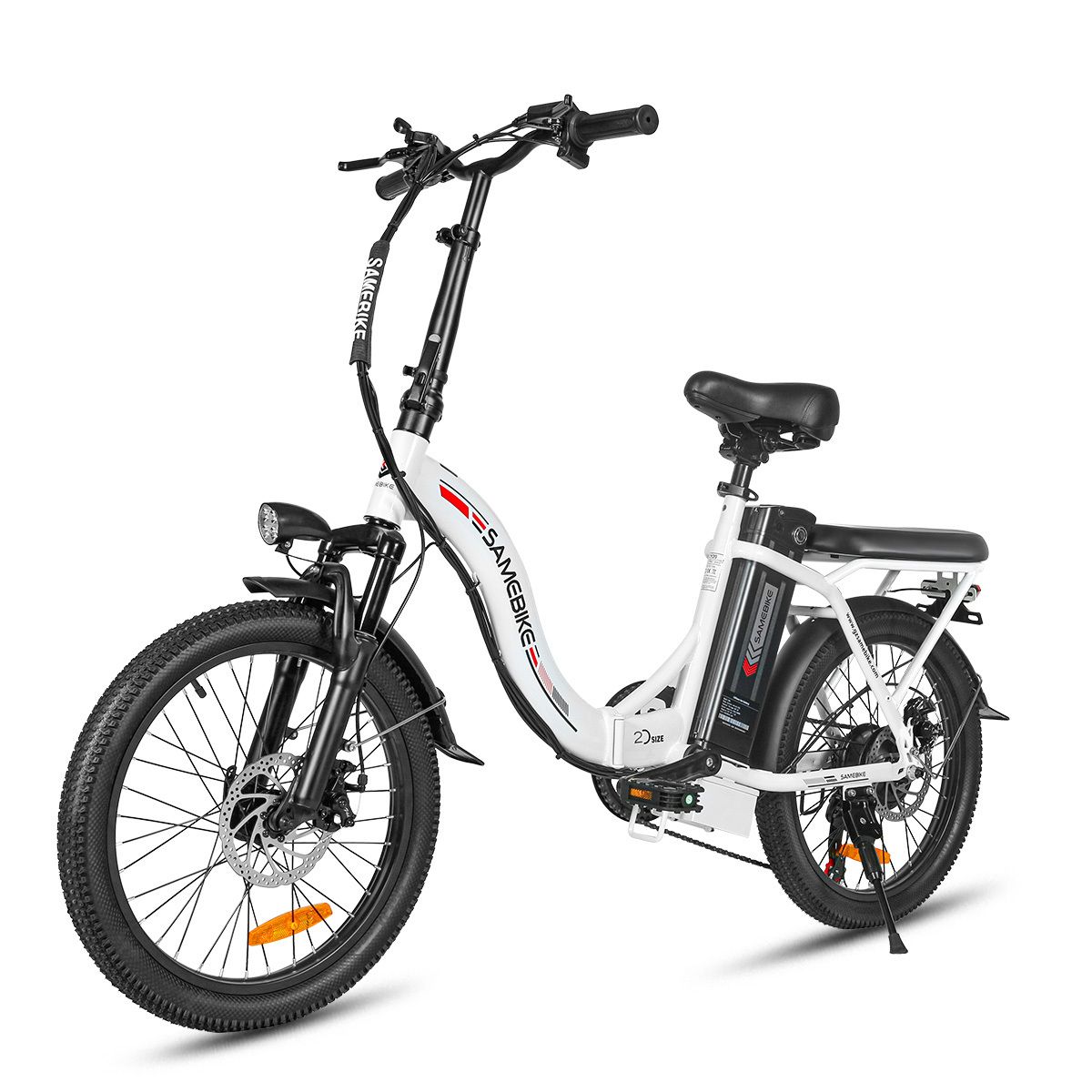 Opvouwbare e-bike, wit en zwart, met koplamp. Merk SAMEBIKE.