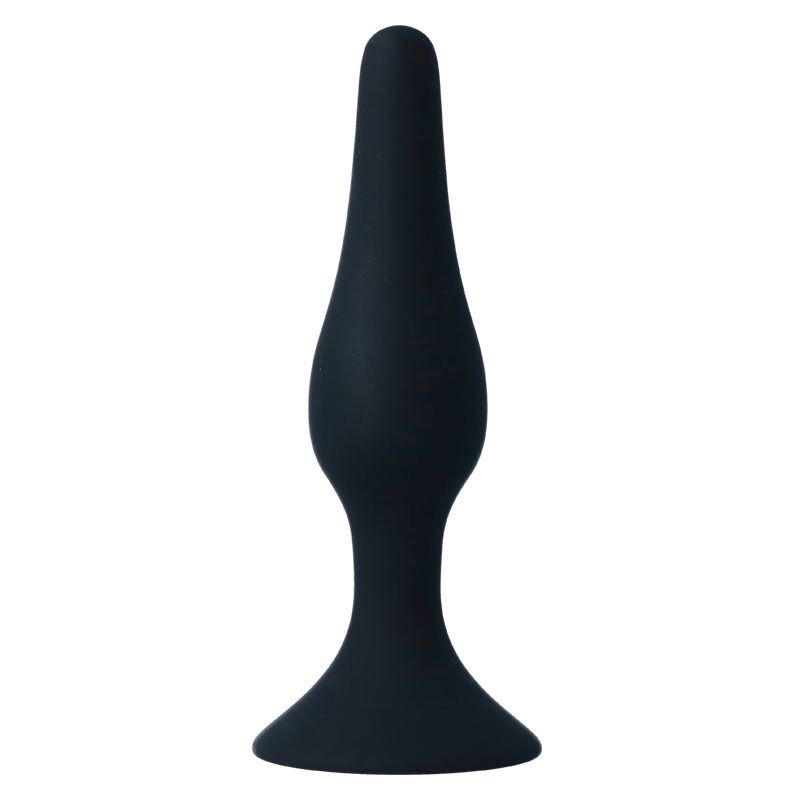 Bouchon anal noir avec une base large et une pointe conique.