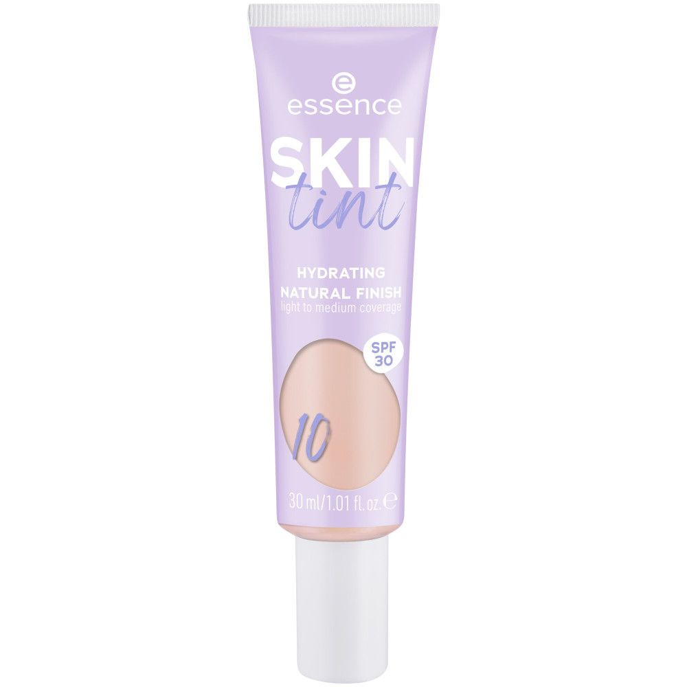 Tube lilas Essence Skin Tint Foundation. Texte: Hydrating Natural Finish, SPF 30, teinte 10. 30 ml.