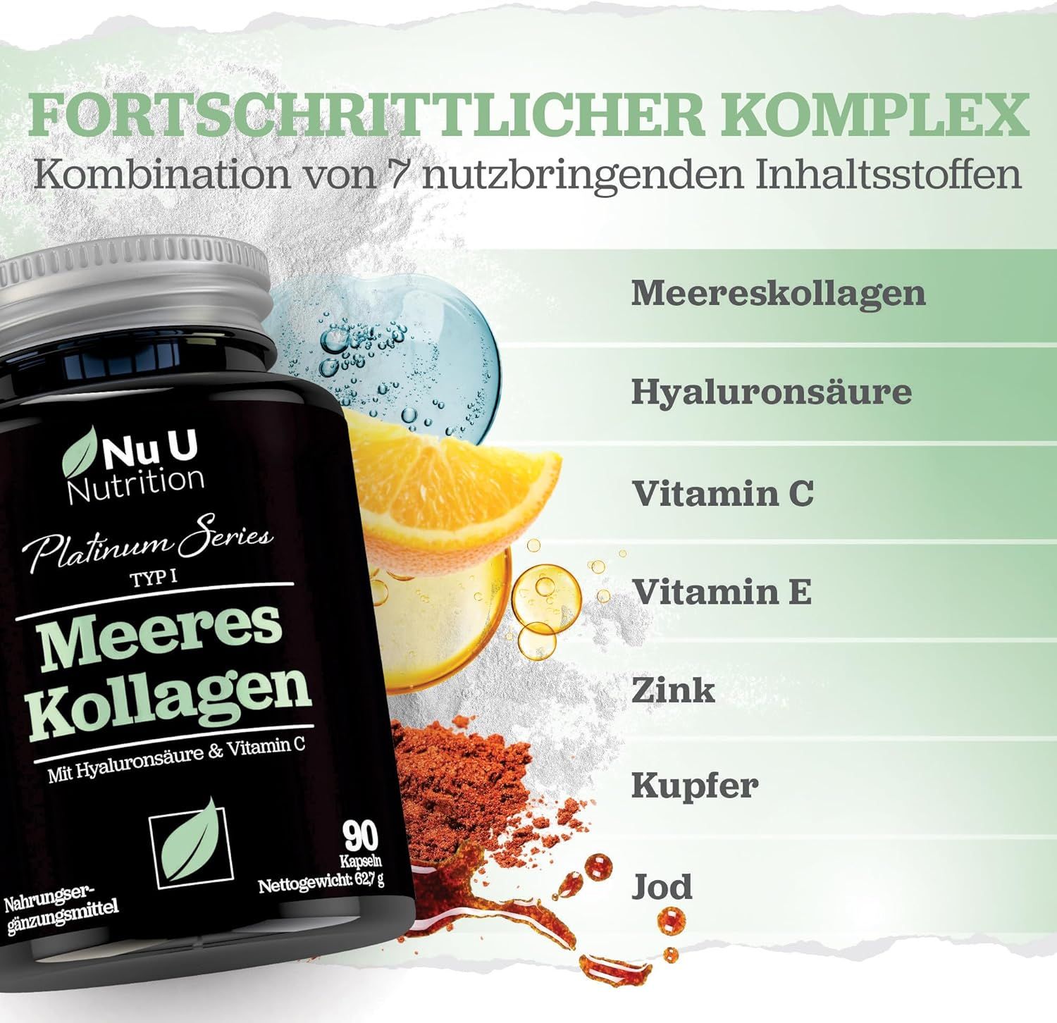 Flacon noir avec capsules. Inscription : Nu U Nutrition, Meeres Kollagen, Type I, avec acide hyaluronique et vitamine C. 90 gélules.