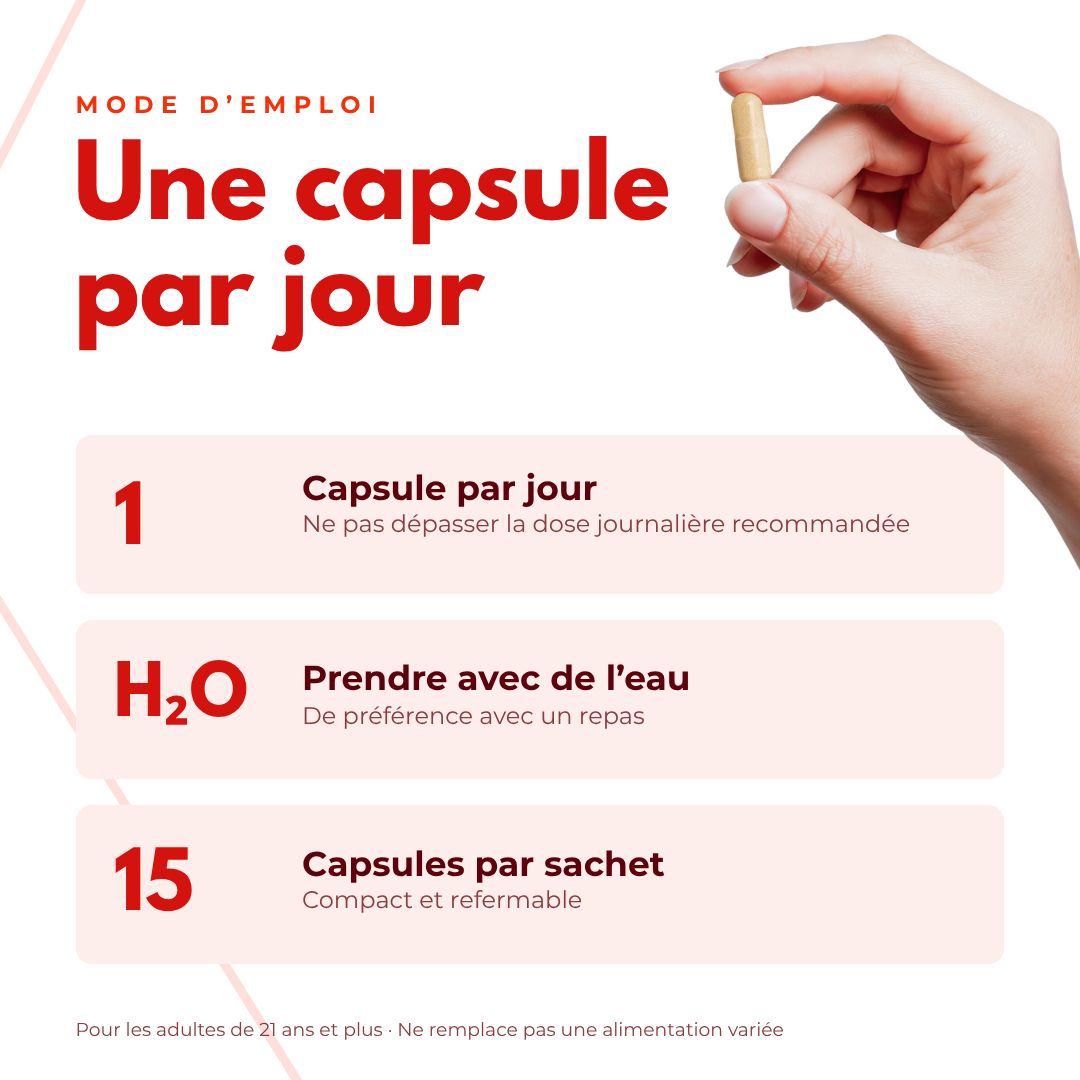 Mode d'emploi : Une capsule par jour, à prendre avec de l'eau.
