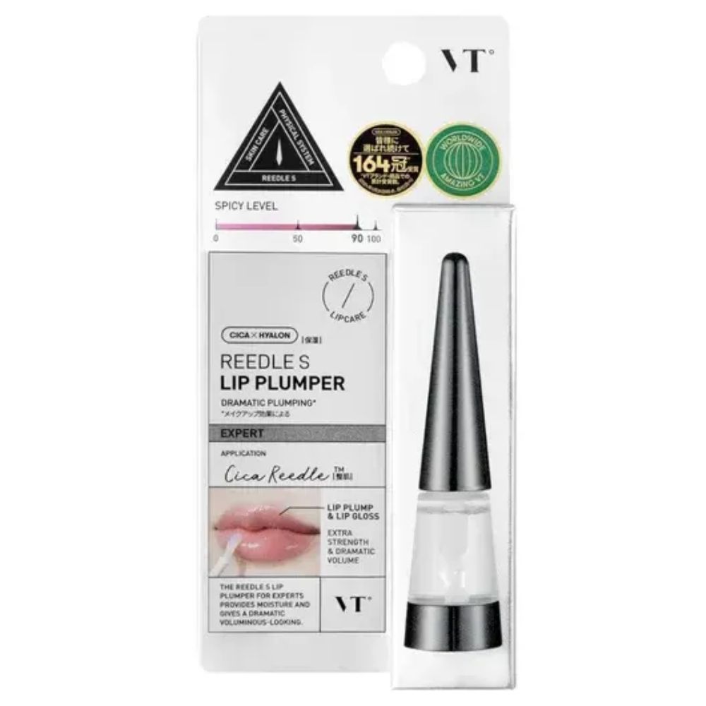VT Cosmetics Reedle Shot Lip Plumper Expert dans son emballage avec sceaux et extrait de vidéo d'application.
