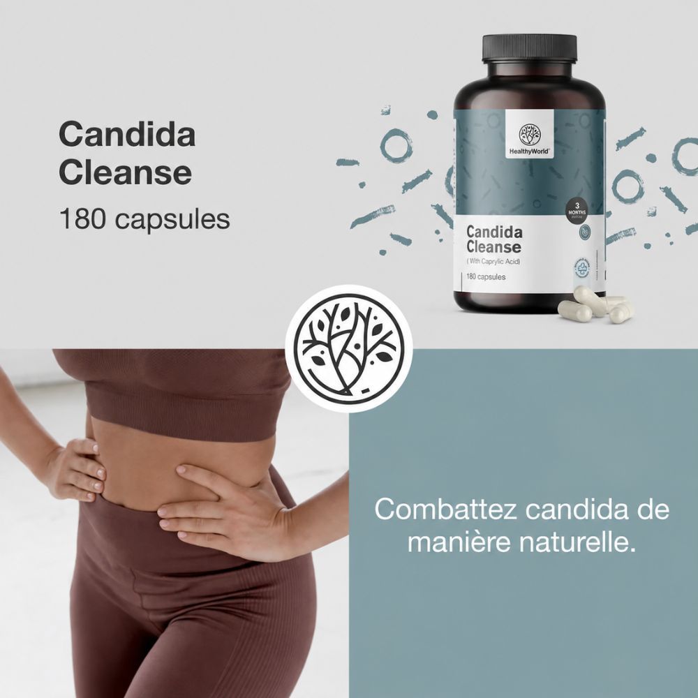 Bouteille Candida Cleanse 180 gélules, avec texte.