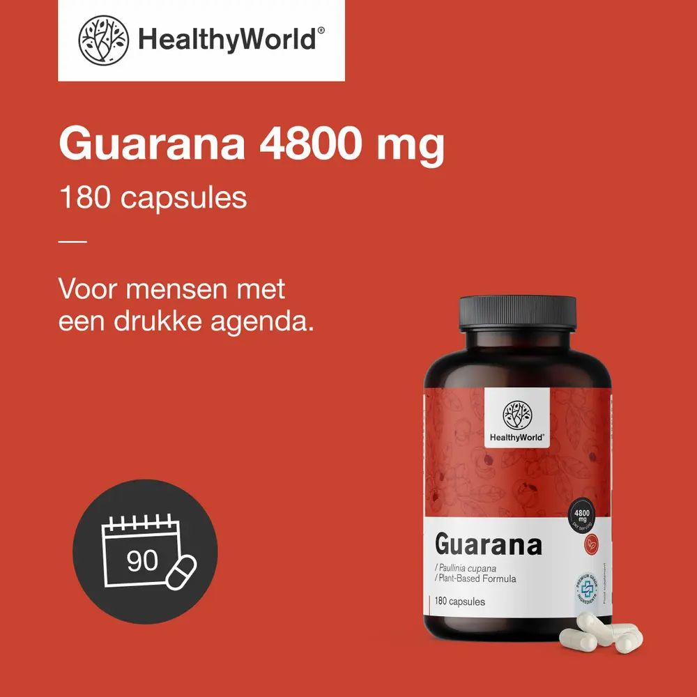 Guarana capsules in fles. Opschrift: HealthyWorld, Guarana 4800 mg, 180 capsules. 90 capsules symbool. Tekst: Voor mensen met een drukke agenda.