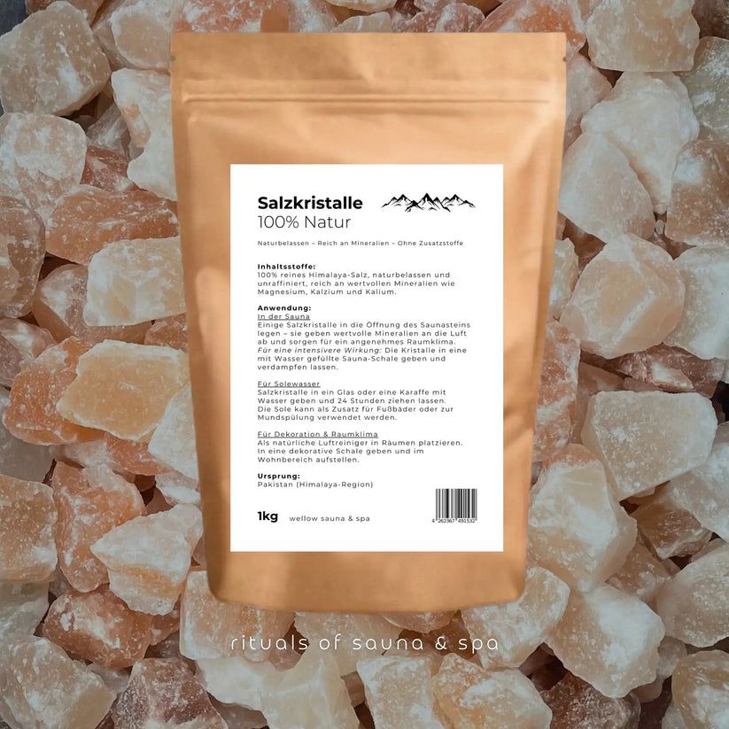 Sachet de cristaux de sel. Texte : Cristaux de sel, 100% naturel. Inscription : 1KG, rituals of sauna & spa.