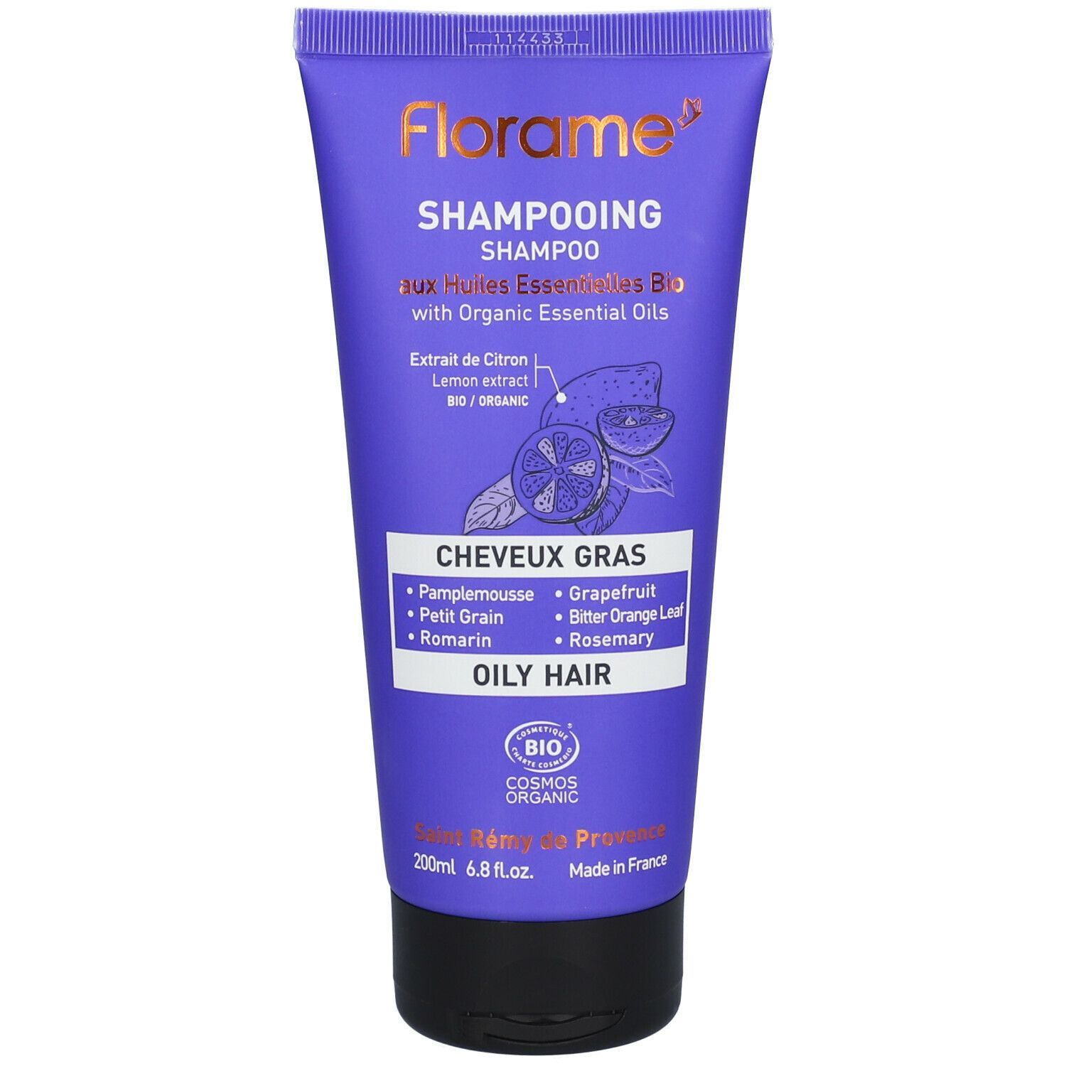 Paarse tube Florame Shampoo voor vet haar. Bio ingrediënten. Tekst: "Cheveux Gras", "200ml", "Huiles Essentielles Bio".