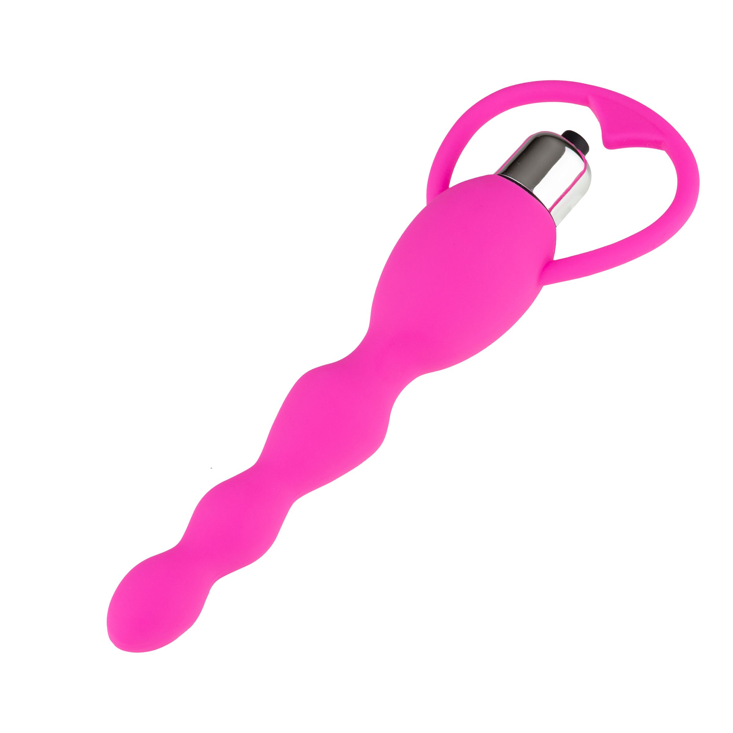 Vibrateur rose avec tige ondulée et poignée en forme de cœur. Partie supérieure avec élément argenté.