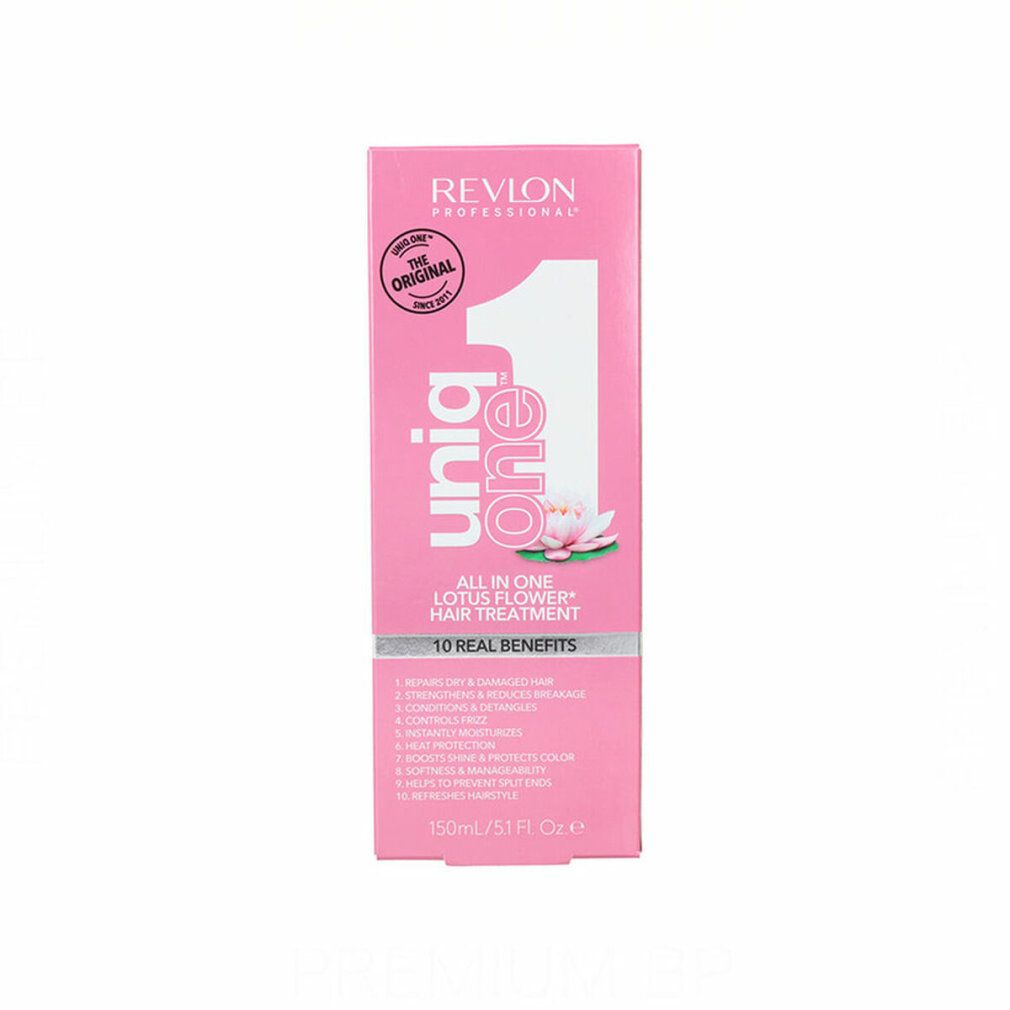Emballage rose. Logo "1" blanc. Texte: Uniq One, All in One Lotus Flower Hair Treatment, 10 Real Benefits.