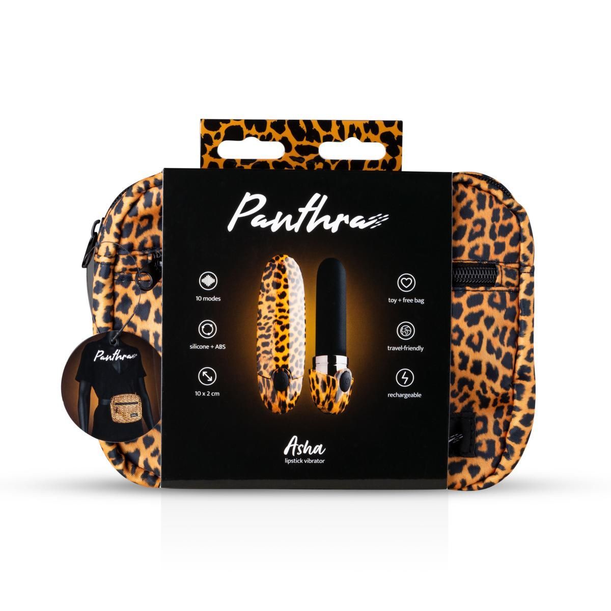 Verpakking met vibrator en tas. Productnaam: Panthra Asha. Tekst: 10 standen, siliconen + ABS, 10x2 cm, etc.