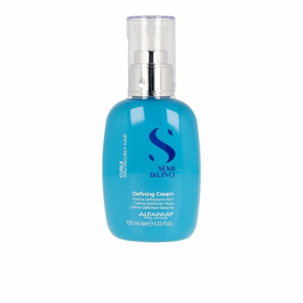 Flacon turquoise avec pompe. Inscription: Semi Di Lino, Defining Cream. 125 ml.