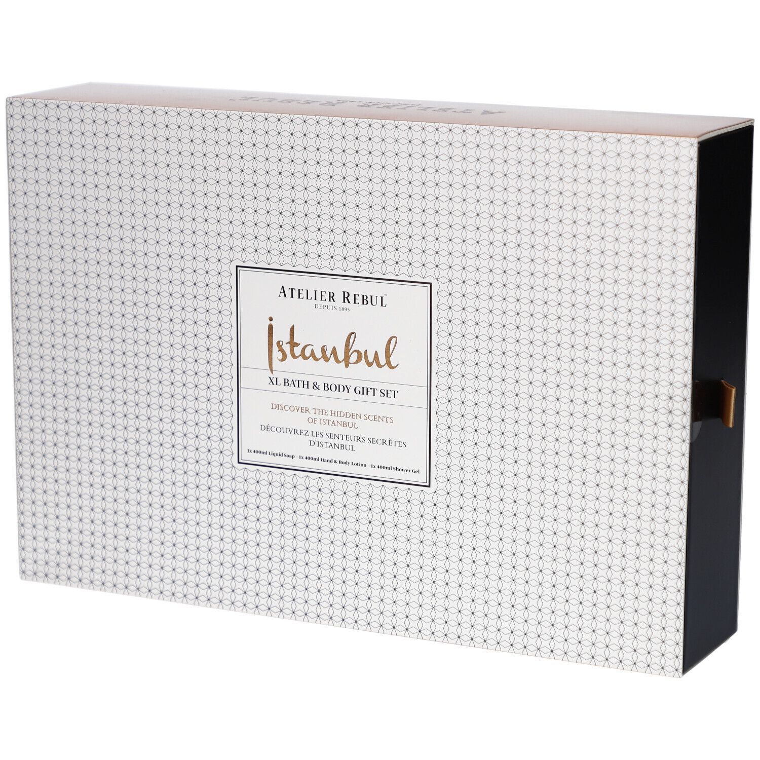 Coffret cadeau Atelier Rebul Istanbul XL Bath & Body. Motif blanc à pois et texte doré. Fermeture dorée sur le côté.