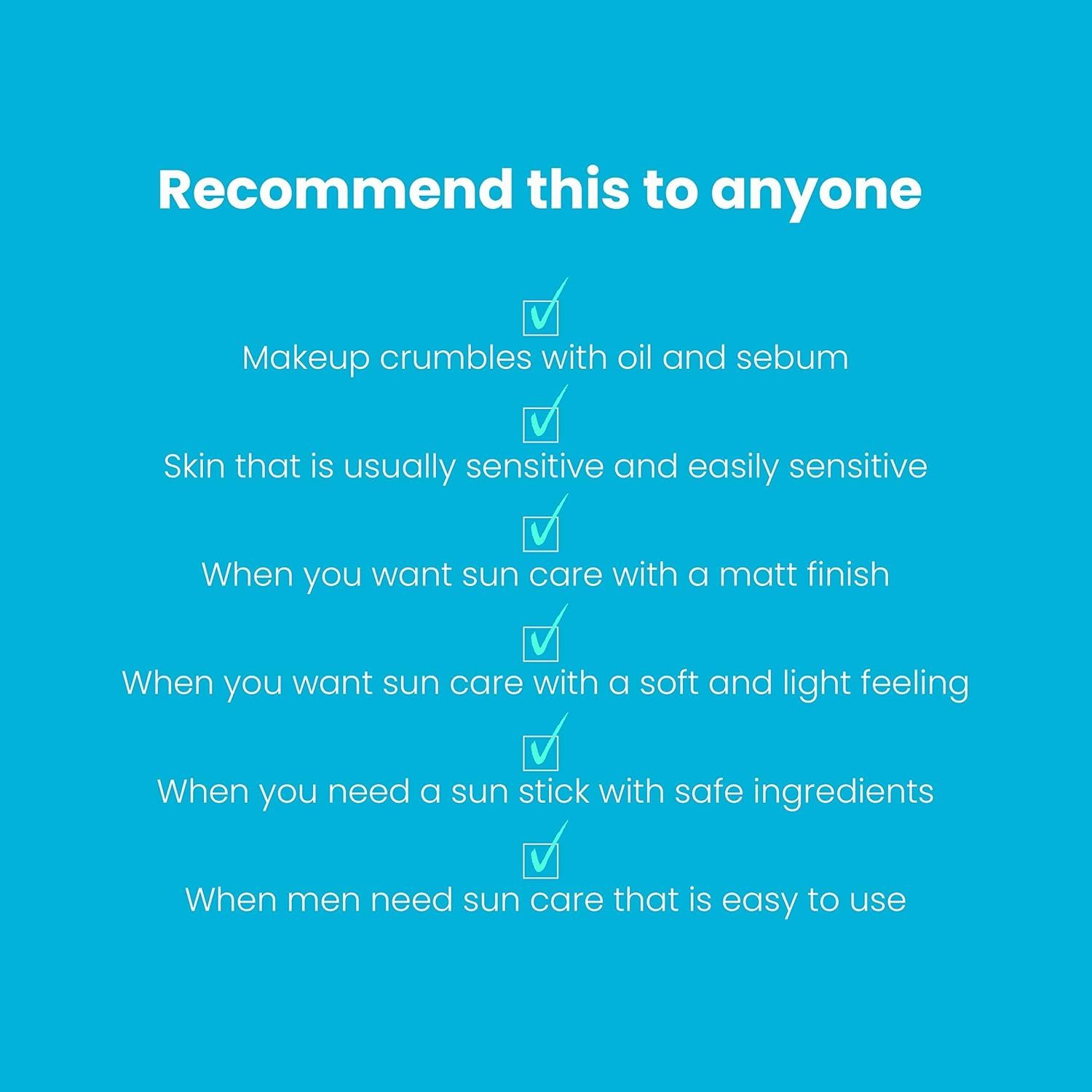 Blauwe achtergrond met tekst: Beveel dit aan iedereen aan. Lijst met vinkjes.