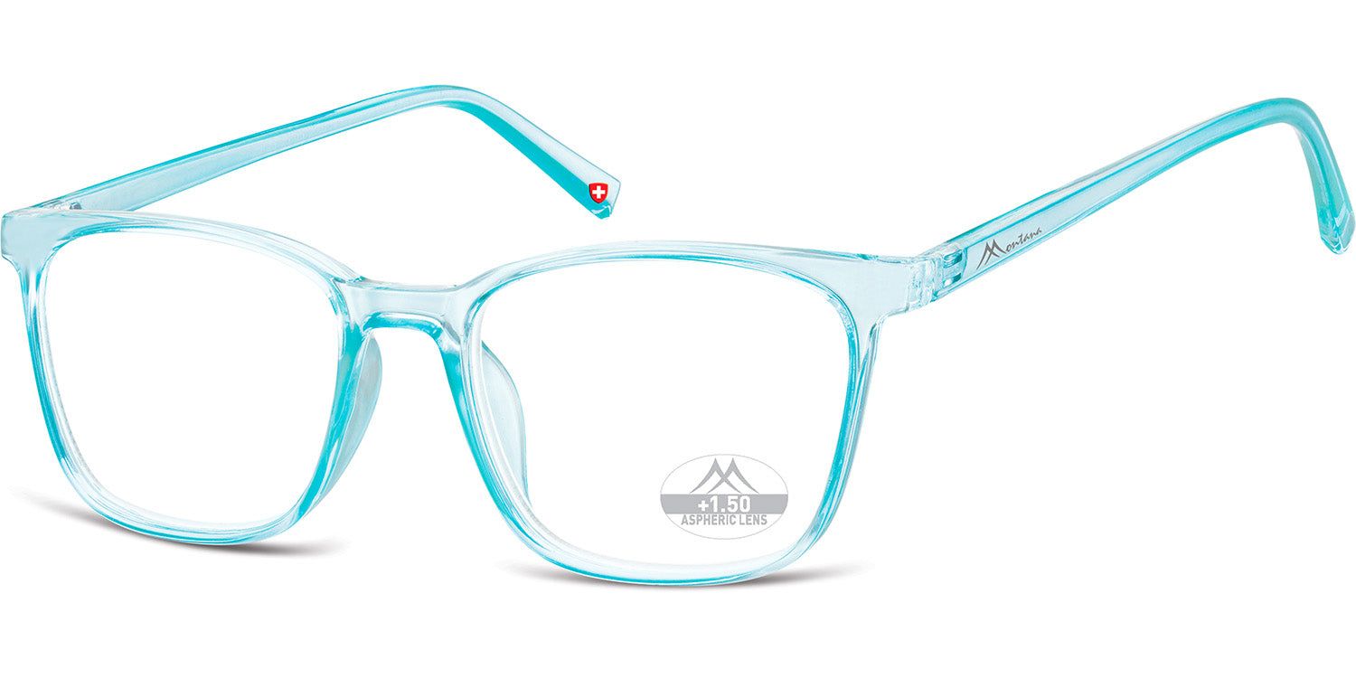 Lunettes bleues claires avec verres ronds. Croix suisse sur la branche. "+1.50" visible sur un verre.