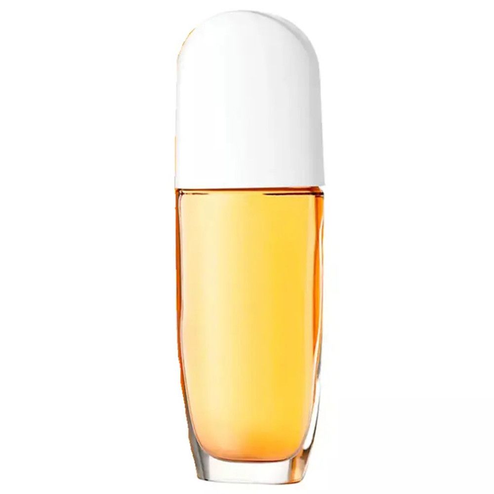 Flacon Elizabeth Arden Sunflowers. Liquide jaune dans flacon en verre avec bouchon blanc. Design simple.