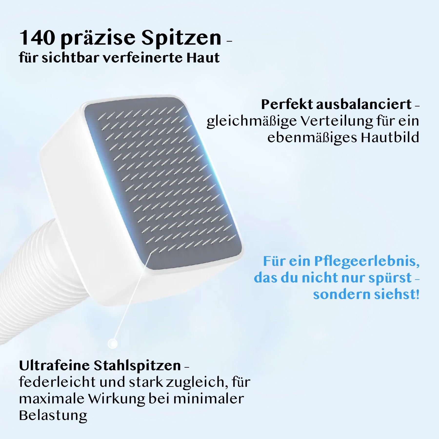 Close-up van de witte Derma Stamp. 140 punten. Tekst: Ultra-fijne stalen punten.