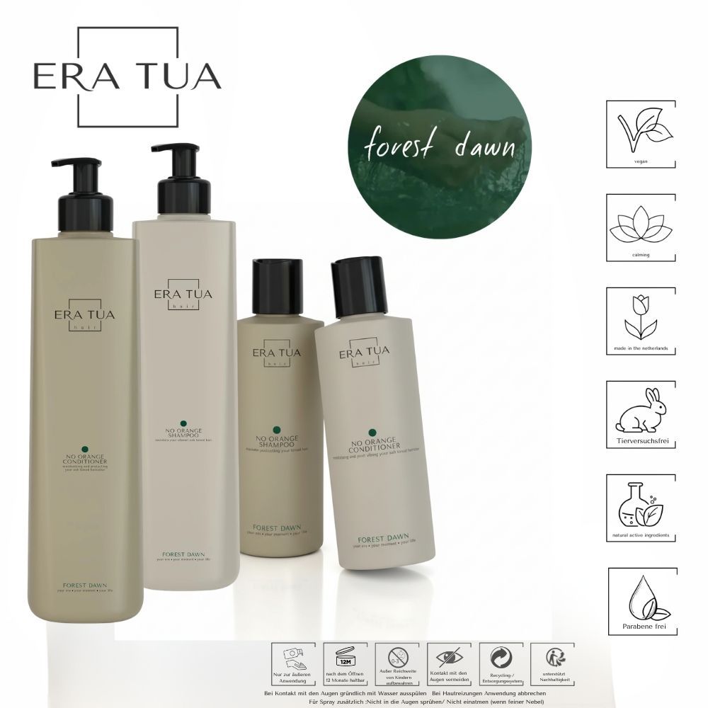 Quatre flacons de produits Era Tua Forest Dawn. Texte : No Orange Shampoo, après-shampooing, masque, tonique. Logo végétalien.