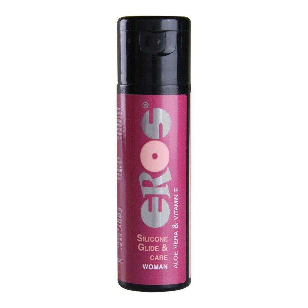 Flacon avec bouchon noir et étiquette rouge. Inscription : EROS, Silicone Glide & Care, Woman. Contient de l'Aloe Vera & de la vitamine E.