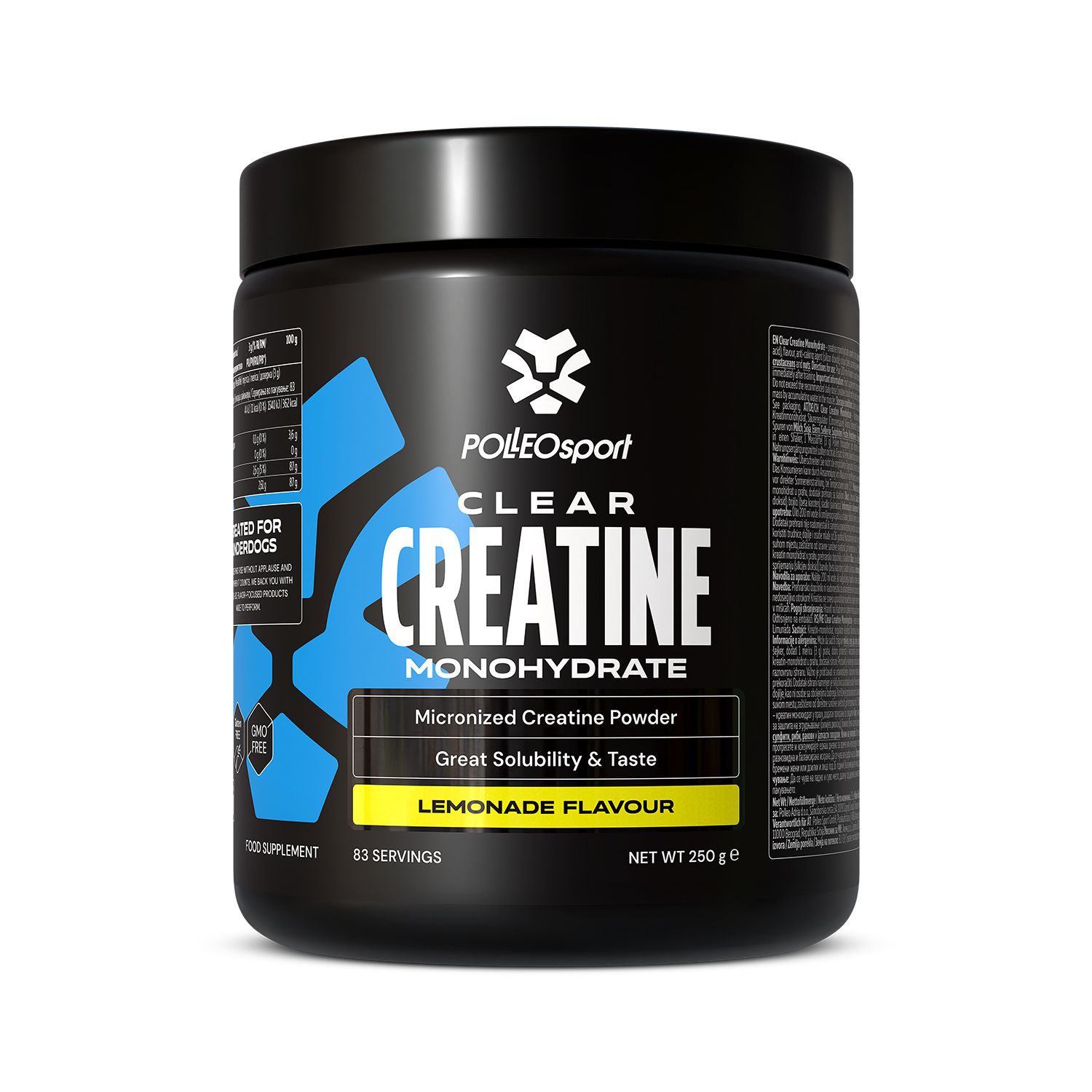 Pot noir Polleo Clear Creatine Monohydrate. Inscription: Clear Creatine, Lemonade Flavour. 83 portions, 250g.