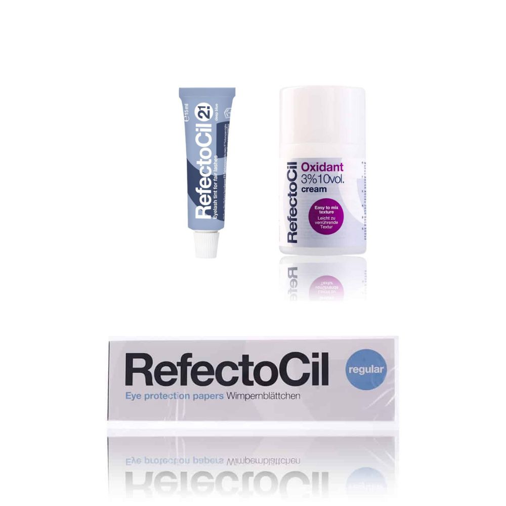 Drie producten: tube wimperverf, flesje oxidantcrème, doosje wimperblaadjes. Opschrift RefectoCil.