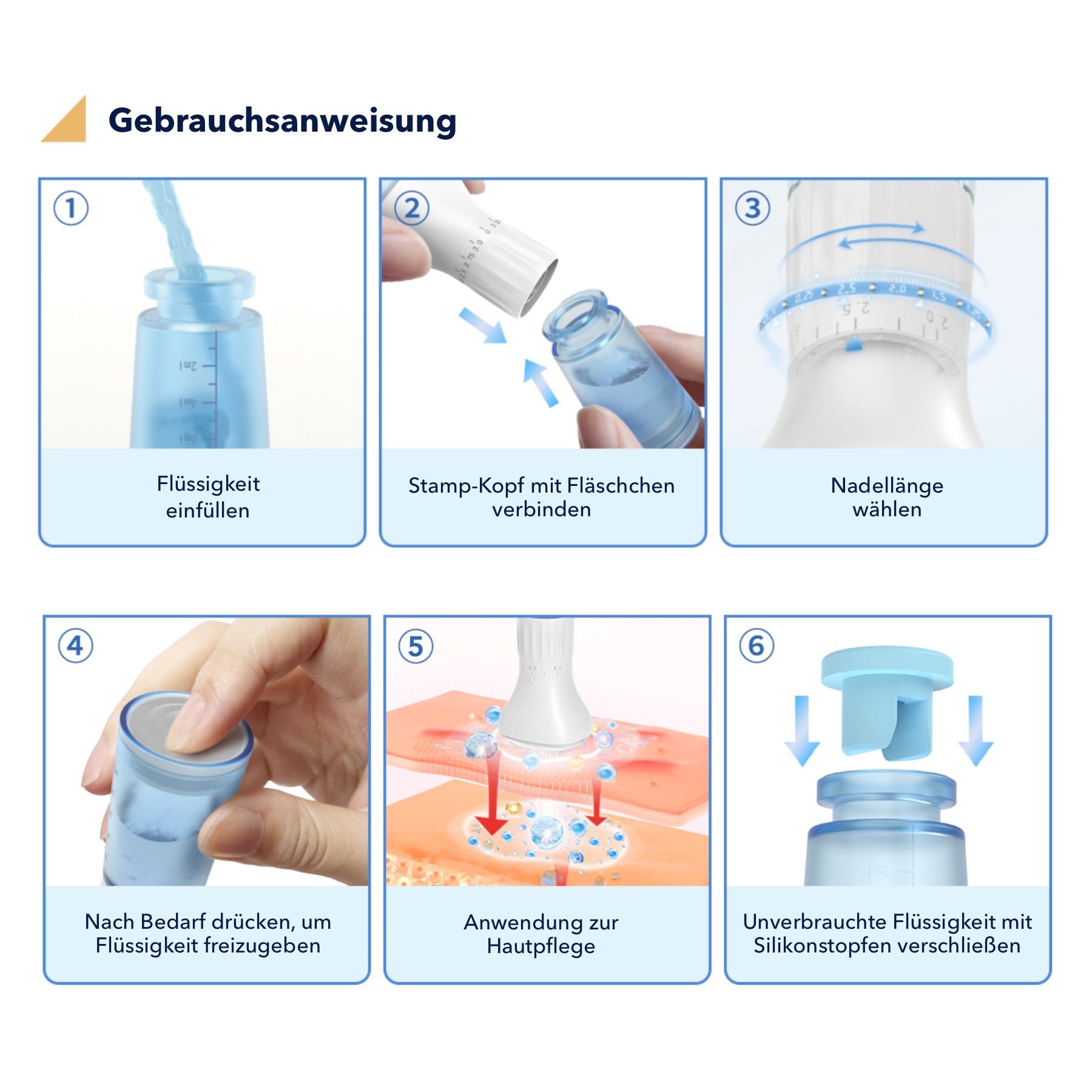 Gebruiksaanwijzing voor de Derma Stamp: vloeistof vullen, verbinden, naaldlengte kiezen, drukken.