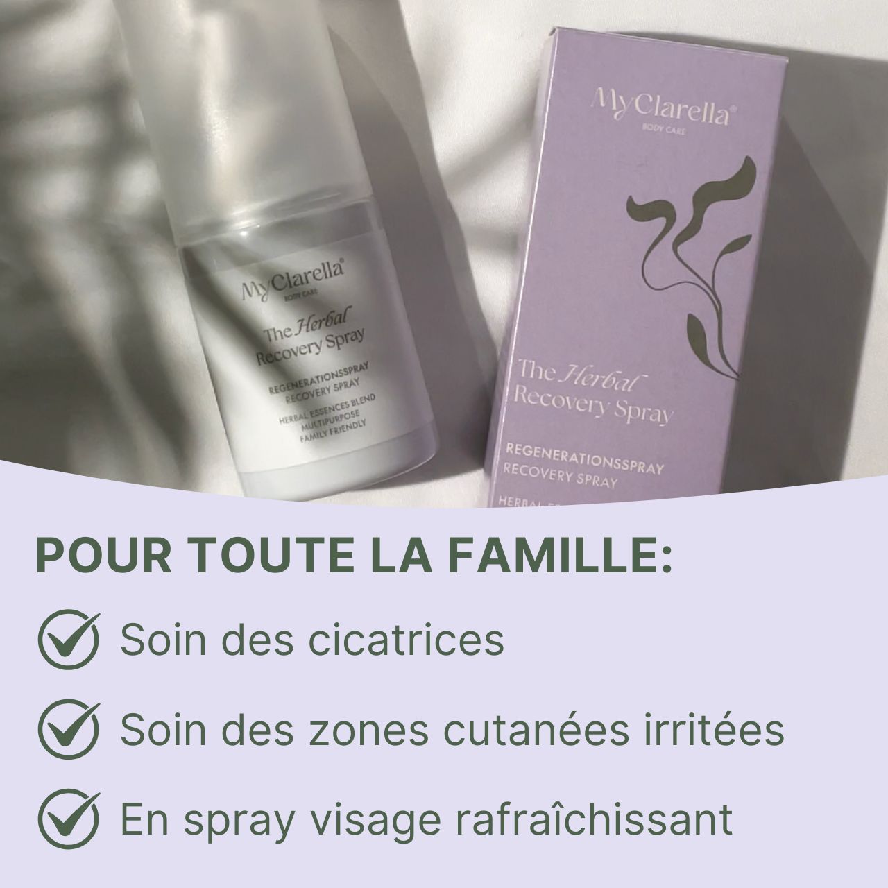 Flacon spray et boîte. Pour toute la famille : soin des cicatrices, soin des peaux irritées, spray rafraîchissant pour le visage.
