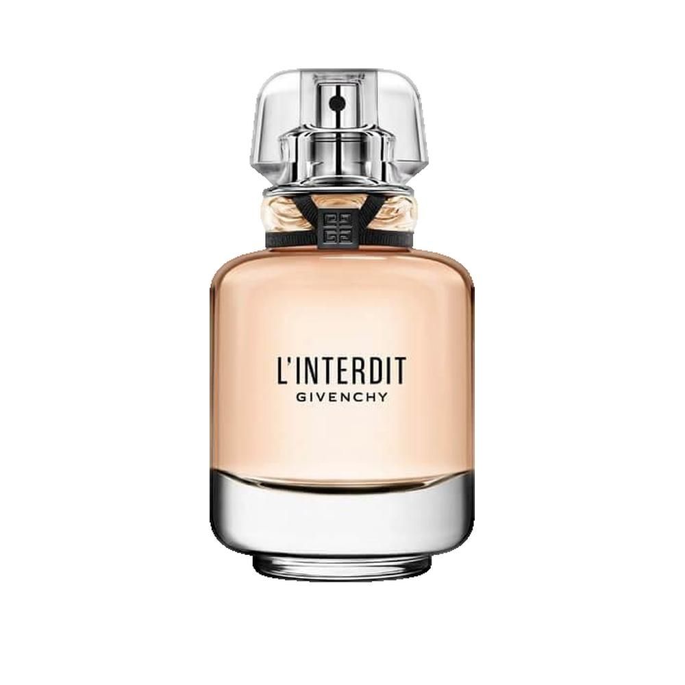 Flacon de parfum avec bouchon transparent. Texte : L'Interdit, Givenchy. Flacon en verre avec base argentée.