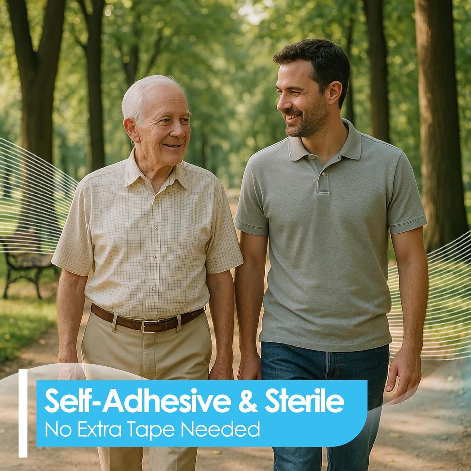 Deux hommes marchant dans un parc, avec texte 'Self-Adhesive & Sterile'.